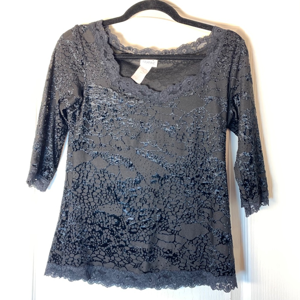 Arianne Black Velvet-Texture Lace‎ Sheer Top ( M ) Gothic Romantic Style Mystic